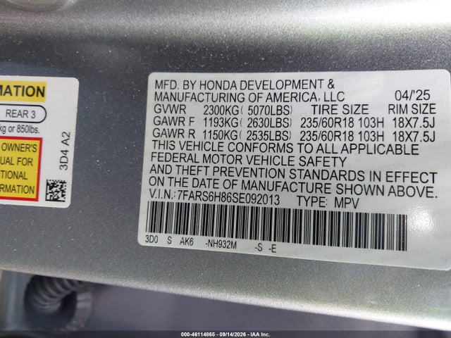 2025 Honda Cr-v Hybrid Sport-l მანქანა იყიდება აუქციონზე, vin: 7FARS6H86SE092013, აუქციონის ნომერი: 46114865