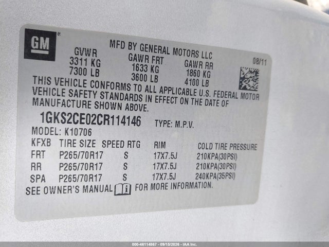 46114867 :رقم المزاد ، 1GKS2CE02CR114146 vin ، 2012 Gmc Yukon Slt مزاد بيع