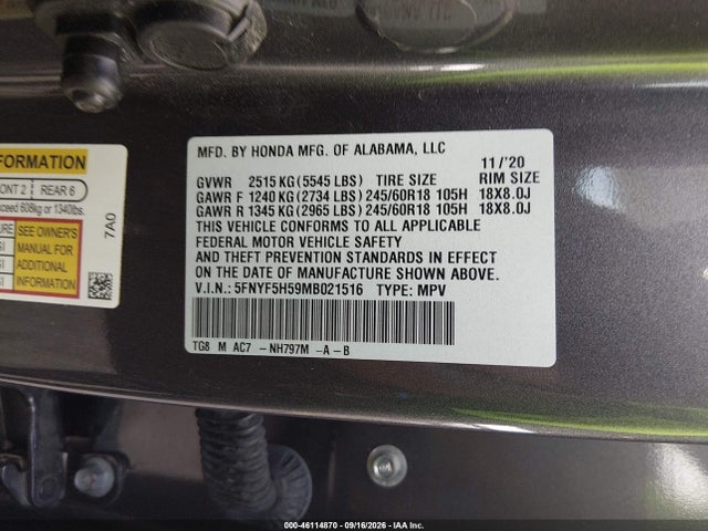 46114870 :رقم المزاد ، 5FNYF5H59MB021516 vin ، 2021 Honda Pilot 2wd Ex-l مزاد بيع