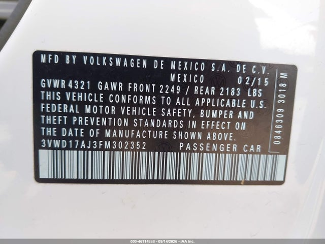 Продажа на аукционе авто 2015 Volkswagen Jetta 1.8t Se, vin: 3VWD17AJ3FM302352, номер лота: 46114888