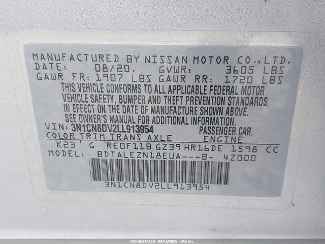 2020 Nissan Versa S Xtronic Cvt მანქანა იყიდება აუქციონზე, vin: 3N1CN8DV2LL913954, აუქციონის ნომერი: 46114890