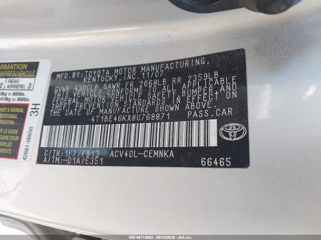 46114893 :رقم المزاد ، 4T1BE46KX8U768871 vin ، 2008 Toyota Camry مزاد بيع