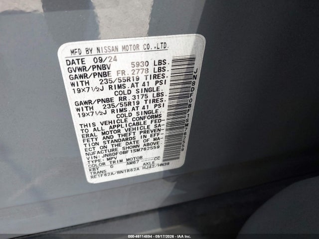 Aukcja sprzedaży 2025 Nissan Ariya Evolve+, vin: JN8DF0BF1SM762559, numer aukcji: 46114894