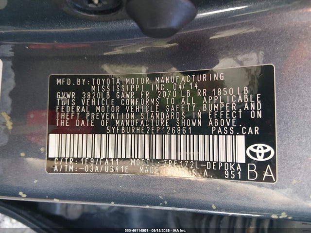Продаж на аукціоні авто 2014 Toyota Corolla L, vin: 5YFBURHE2EP126861, номер лоту: 46114901