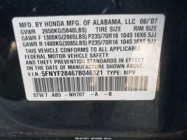 46114911 :رقم المزاد ، 5FNYF28467B046321 vin ، 2007 Honda Pilot Ex مزاد بيع
