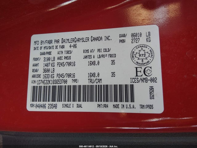 2006 Dodge Dakota St მანქანა იყიდება აუქციონზე, vin: 1D7HE22K16S653700, აუქციონის ნომერი: 46114912