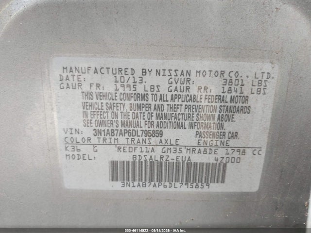 2013 Nissan Sentra Sr მანქანა იყიდება აუქციონზე, vin: 3N1AB7AP6DL795859, აუქციონის ნომერი: 46114922