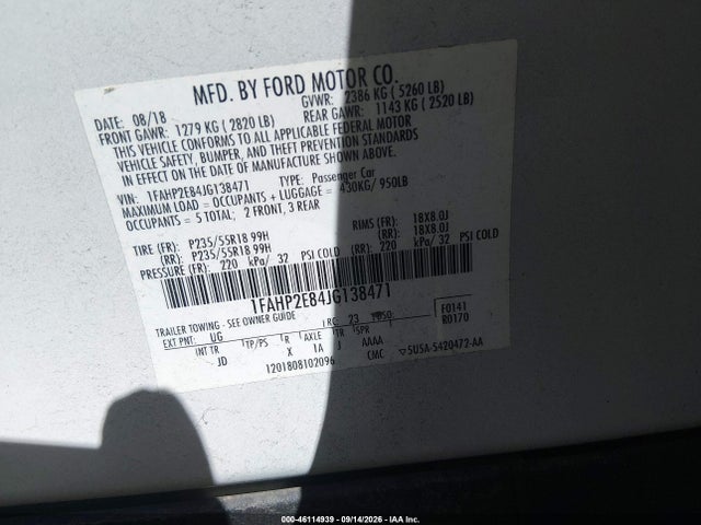 Продаж на аукціоні авто 2018 Ford Taurus Sel, vin: 1FAHP2E84JG138471, номер лоту: 46114939