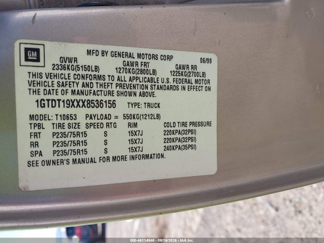 Продаж на аукціоні авто 1999 Gmc Sonoma Sls, vin: 1GTDT19XXX8536156, номер лоту: 46114946
