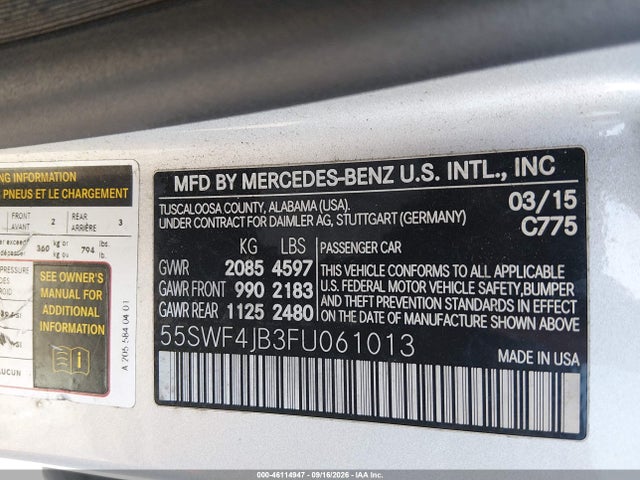 Aukcja sprzedaży 2015 Mercedes-benz C 300, vin: 55SWF4JB3FU061013, numer aukcji: 46114947