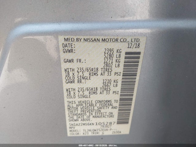 46114962 :رقم المزاد ، 5N1AZ2MS6KN105287 vin ، 2019 Nissan Murano Sv مزاد بيع