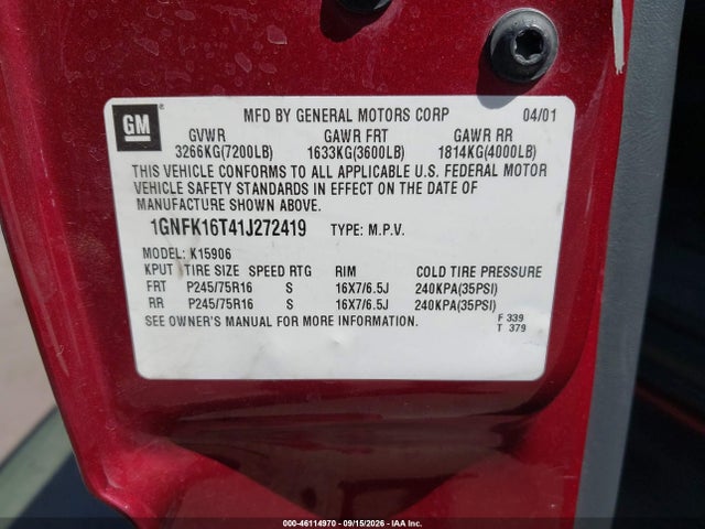 46114970 :رقم المزاد ، 1GNFK16T41J272419 vin ، 2001 Chevrolet Suburban 1500 Ls مزاد بيع