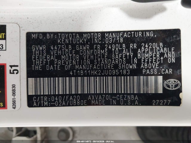 46114972 :رقم المزاد ، 4T1B11HK2JU095183 vin ، 2018 Toyota Camry Le مزاد بيع