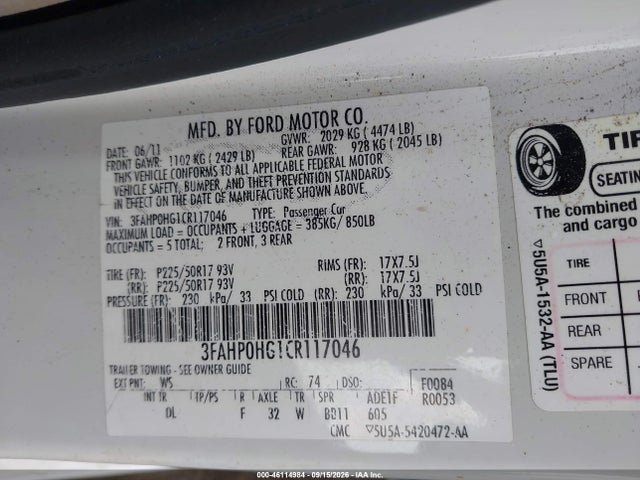 46114984 :رقم المزاد ، 3FAHP0HG1CR117046 vin ، 2012 Ford Fusion Se مزاد بيع