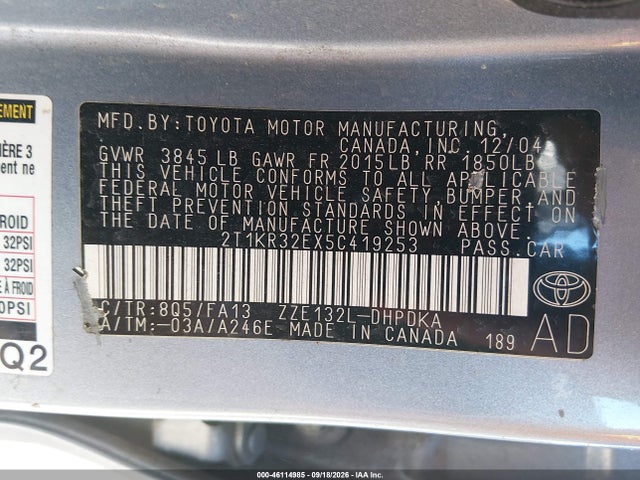 46114985 :رقم المزاد ، 2T1KR32EX5C419253 vin ، 2005 Toyota Matrix مزاد بيع