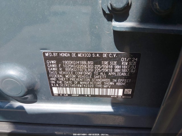 2024 Honda Hr-v 2wd Sport/2wd Sport W/o Bsi მანქანა იყიდება აუქციონზე, vin: 3CZRZ1H51RM742320, აუქციონის ნომერი: 46114991