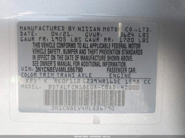 Продаж на аукціоні авто 2021 Nissan Versa Sv Xtronic Cvt, vin: 3N1CN8EV4ML886790, номер лоту: 46115003