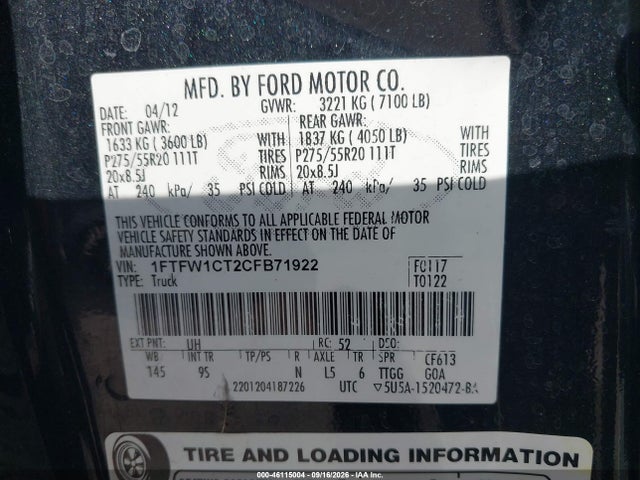 Продажа на аукционе авто 2012 Ford F-150 Platinum, vin: 1FTFW1CT2CFB71922, номер лота: 46115004