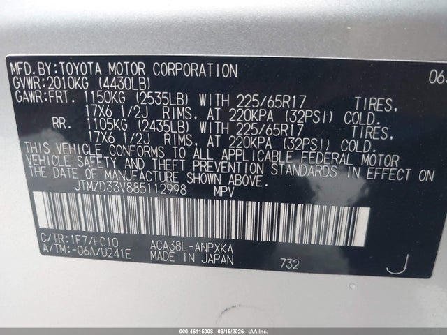 46115008 :رقم المزاد ، JTMZD33V885112998 vin ، 2008 Toyota Rav4 مزاد بيع