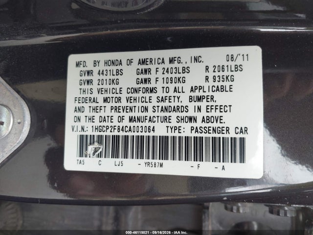 Продажа на аукционе авто 2012 Honda Accord 2.4 Ex-l, vin: 1HGCP2F84CA003064, номер лота: 46115021