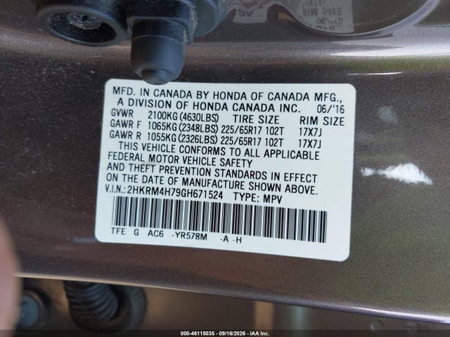 Продаж на аукціоні авто 2016 Honda Cr-v Ex-l, vin: 2HKRM4H79GH671524, номер лоту: 46115035