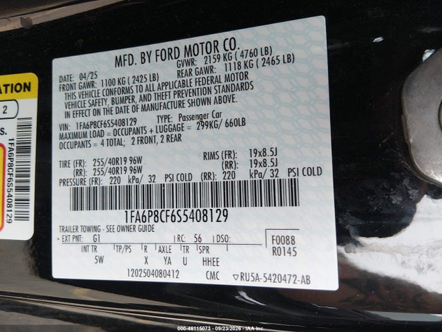 Продаж на аукціоні авто 2025 Ford Mustang Gt Premium Fastback, vin: 1FA6P8CF6S5408129, номер лоту: 46115073