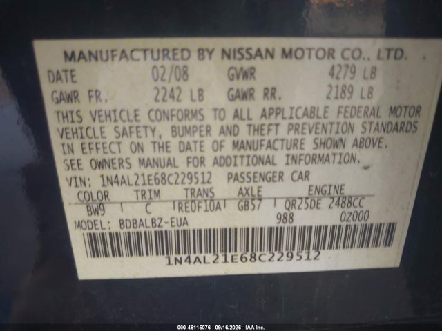 2008 Nissan Altima 2.5 S მანქანა იყიდება აუქციონზე, vin: 1N4AL21E68C229512, აუქციონის ნომერი: 46115076