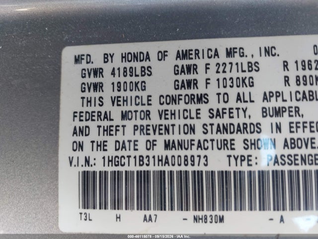 Aukcja sprzedaży 2017 Honda Accord Lx-s, vin: 1HGCT1B31HA008973, numer aukcji: 46115078