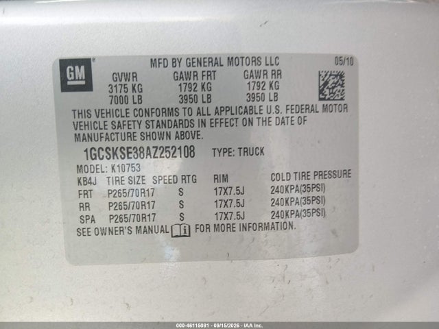 Aukcja sprzedaży 2010 Chevrolet Silverado 1500 Lt, vin: 1GCSKSE38AZ252108, numer aukcji: 46115081