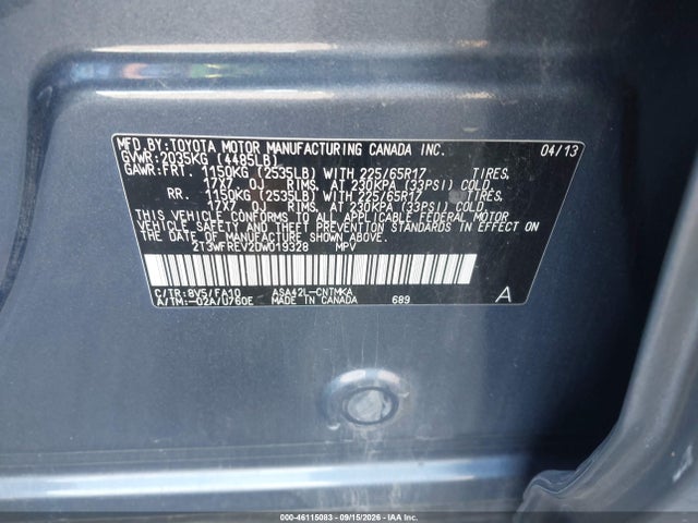 46115083 :رقم المزاد ، 2T3WFREV2DW019328 vin ، 2013 Toyota Rav4 Xle مزاد بيع