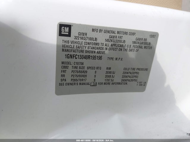 Продажа на аукционе авто 2008 Chevrolet Tahoe Lt, vin: 1GNFC13048R195196, номер лота: 46115090