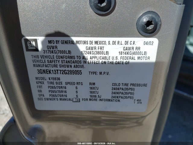Продажа на аукционе авто 2002 Chevrolet Avalanche 1500, vin: 3GNEK13T72G289055, номер лота: 46115092