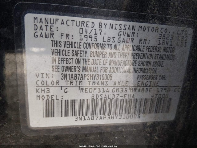 Продажа на аукционе авто 2017 Nissan Sentra Sv, vin: 3N1AB7AP3HY310005, номер лота: 46115101