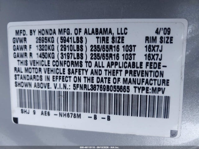 2009 Honda Odyssey Ex-l მანქანა იყიდება აუქციონზე, vin: 5FNRL38769B055665, აუქციონის ნომერი: 46115110