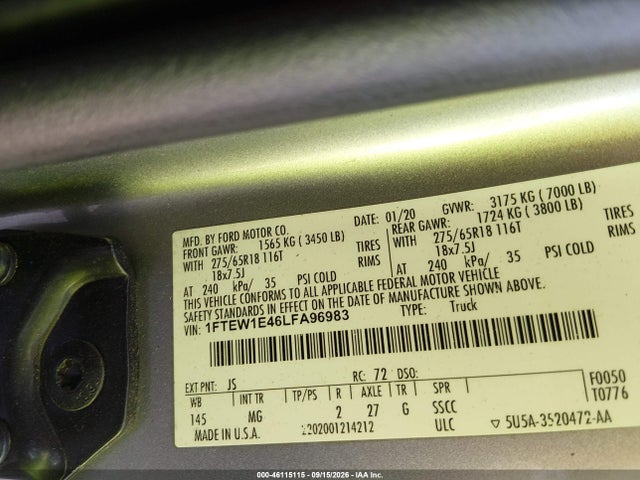 46115115 :رقم المزاد ، 1FTEW1E46LFA96983 vin ، 2020 Ford F-150 Xlt مزاد بيع