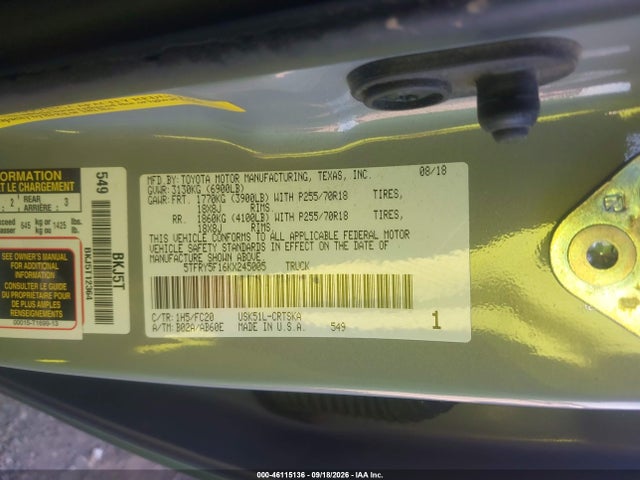46115136 :رقم المزاد ، 5TFRY5F16KX245005 vin ، 2019 Toyota Tundra Sr5 5.7l V8 مزاد بيع
