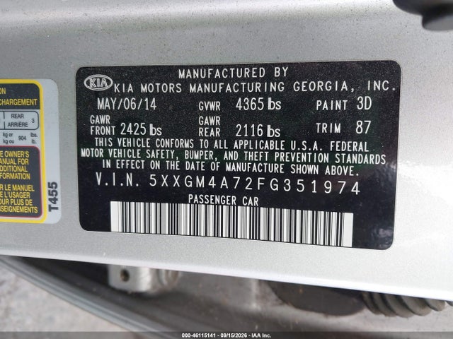KIA Optima Lx 2015 5XXGM4A72FG351974 Image 9
