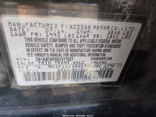 Aukcja sprzedaży 2014 Nissan Sentra Sr, vin: 3N1AB7AP8EY277627, numer aukcji: 46115143