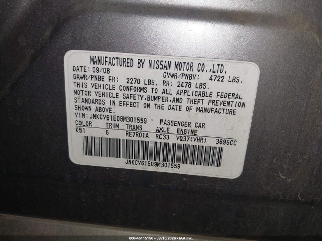 46115156 :رقم المزاد ، JNKCV61E09M301559 vin ، 2009 Infiniti G37 Journey مزاد بيع