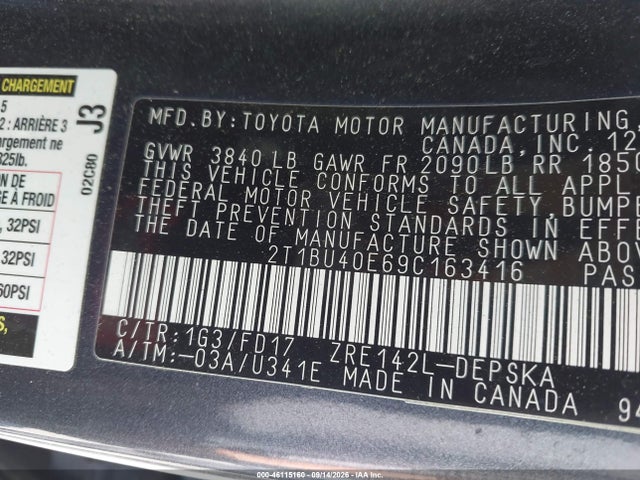 Продажа на аукционе авто 2009 Toyota Corolla S, vin: 2T1BU40E69C163416, номер лота: 46115160