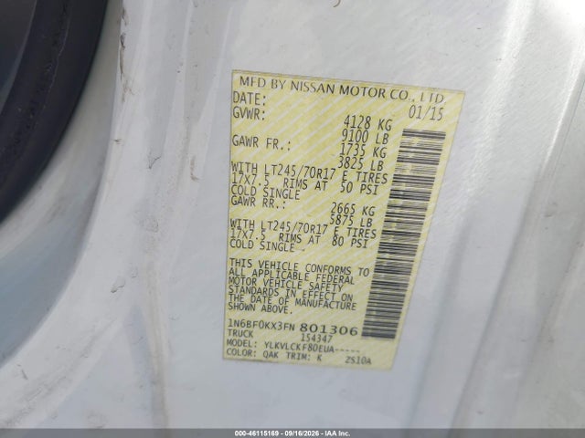 46115169 :رقم المزاد ، 1N6BF0KX3FN801306 vin ، 2015 Nissan Nv Cargo Nv2500 Hd S V6 مزاد بيع