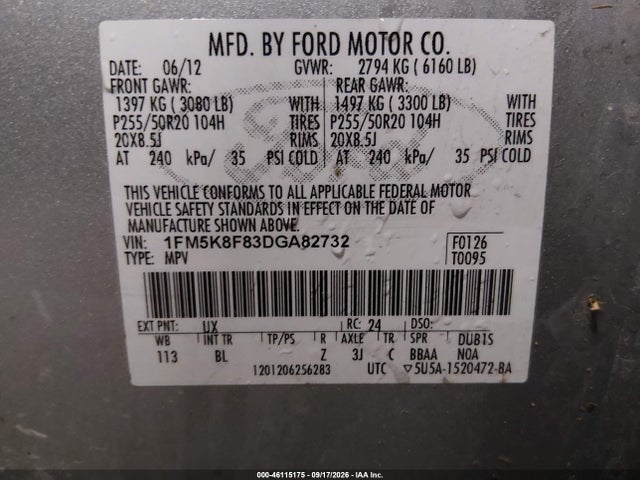 46115175 :رقم المزاد ، 1FM5K8F83DGA82732 vin ، 2013 Ford Explorer Limited مزاد بيع