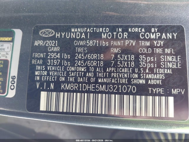 46115184 :رقم المزاد ، KM8R1DHE5MU321070 vin ، 2021 Hyundai Palisade Se مزاد بيع