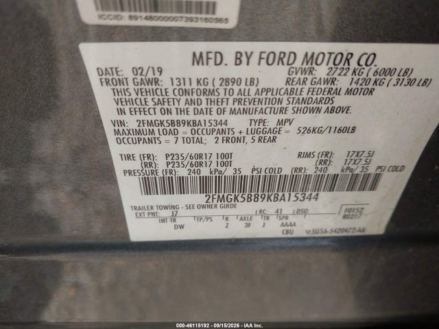 Ford FLEX SE 2019 2FMGK5B89KBA15344 Image 9