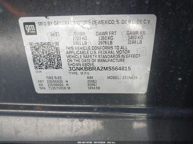 46115196 :رقم المزاد ، 3GNKBBRA2MS564815 vin ، 2021 Chevrolet Blazer Fwd 1lt مزاد بيع