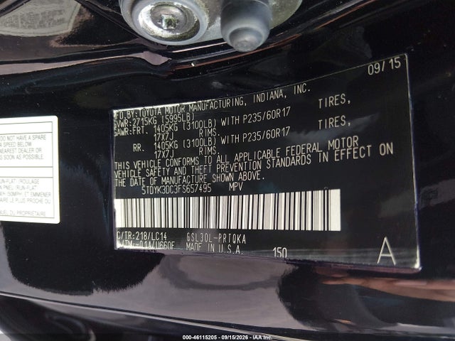 46115205 :رقم المزاد ، 5TDYK3DC3FS657495 vin ، 2015 Toyota Sienna Xle 8 Passenger مزاد بيع