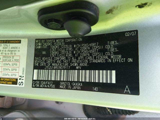 2007 Toyota 4runner Sr5 V6 მანქანა იყიდება აუქციონზე, vin: JTEZU14R578079117, აუქციონის ნომერი: 46115210