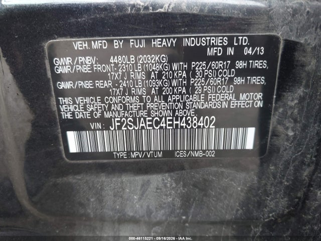 Продажа на аукционе авто 2014 Subaru Forester 2.5i Premium, vin: JF2SJAEC4EH438402, номер лота: 46115221