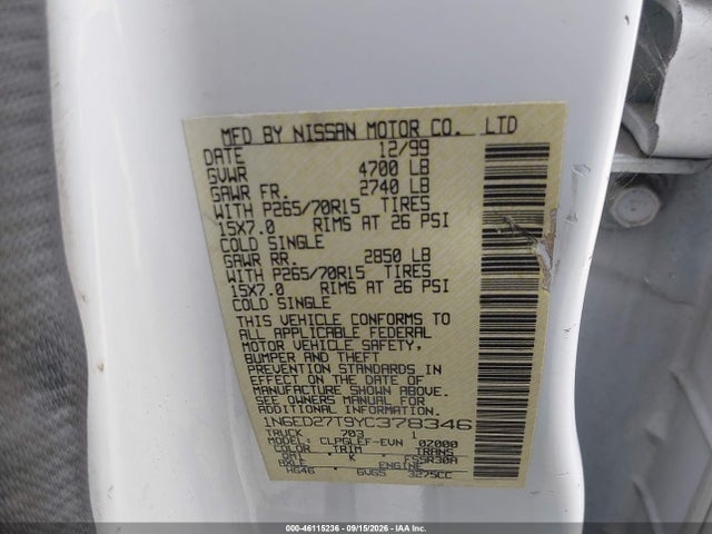 46115236 :رقم المزاد ، 1N6ED27T9YC378346 vin ، 2000 Nissan Frontier Se-v6/xe-v6 مزاد بيع