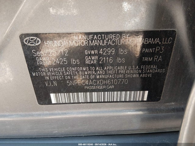 Aukcja sprzedaży 2013 Hyundai Sonata Limited, vin: 5NPEC4ACXDH610770, numer aukcji: 46115240